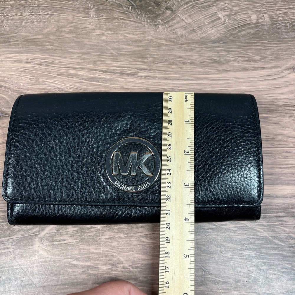 Michael Kors Continental Fulton Flap Wallet Black Pebbled Leather Silver Logo - Picture 10 of 10